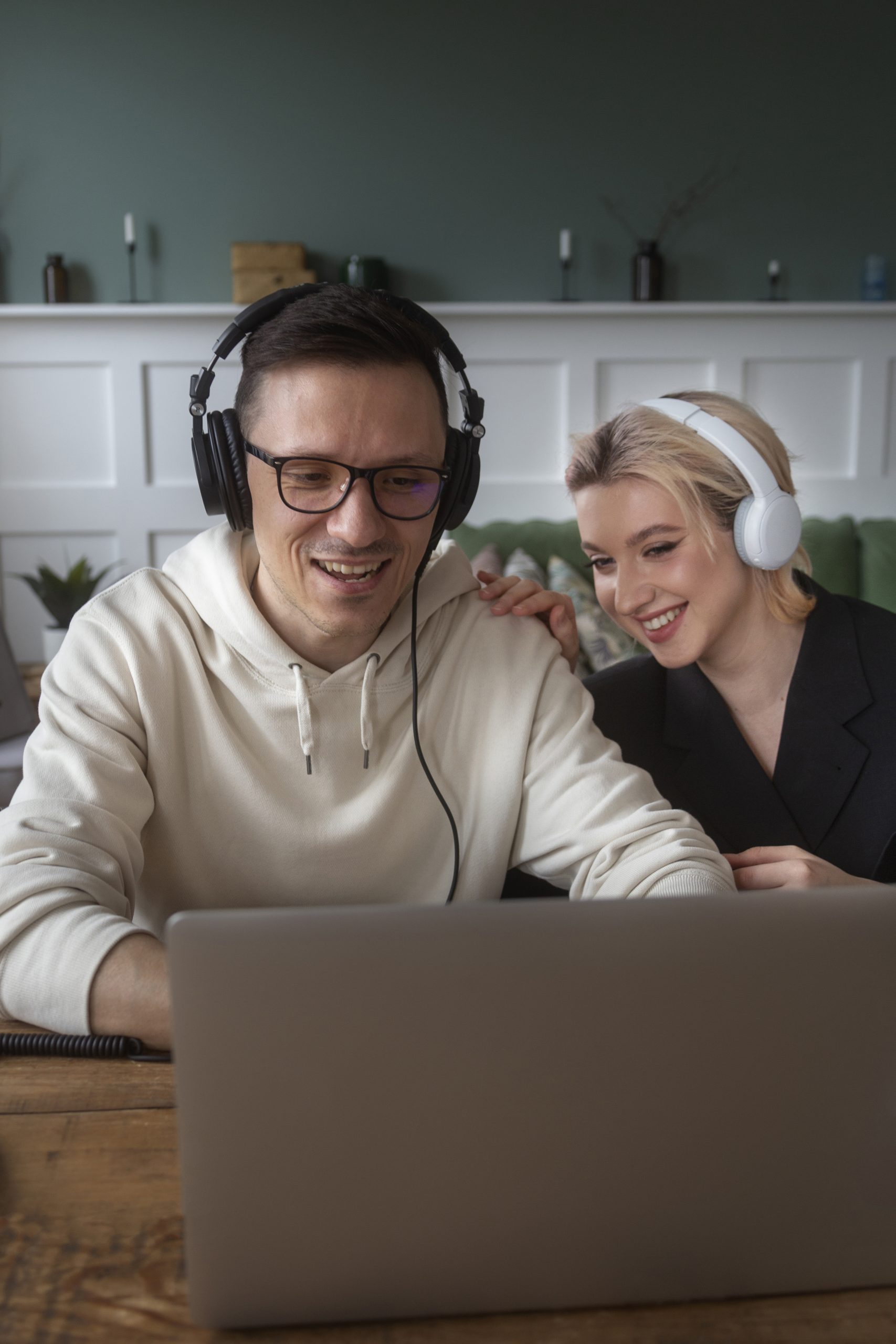 front view smiley people recording podcast